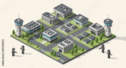 Isometric 3D illustration shows a military headquarters with various buildings and control towers, surrounded by armed soldiers on a square base, showcasing a detailed vector design