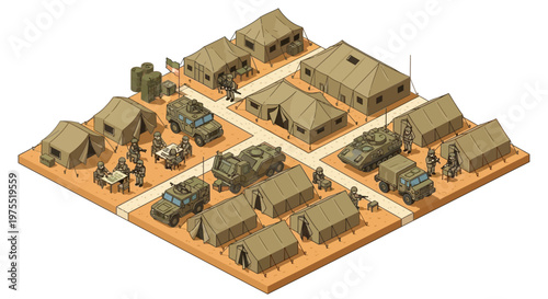 Isometric 3D rendering showcases a meticulously designed military base with various tents, vehicles, and personnel arranged on a sandy terrain, presented in a clean, vector-style
