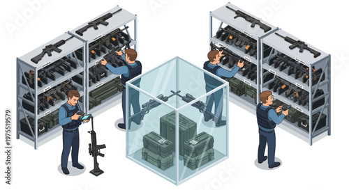 Isometric 3D illustration of a military base armory, showing soldiers organizing rifles and ammunition on shelves with a clean, vector design against a white background, illustrating
