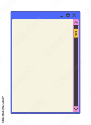 Scrollbar navigation blank pixel art popup window UI overlay. Vertical scroll bar empty page. Content control panel. Blocky interface element in retro 8bit style. Bitmap-inspired UX design