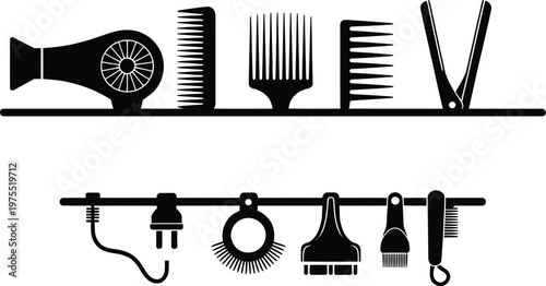 Barbershop utensils split banner hair salon template hairstylist name sign vector design for hairdresser branding