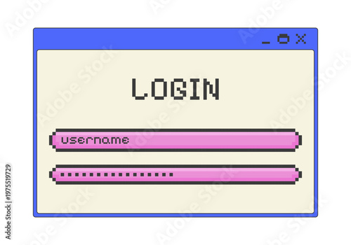 Login form pixel art popup window UI overlay. Username and password input fields. User authentication. Account member sign in. Blocky interface element in retro 8bit style. Bitmap-inspired UX design