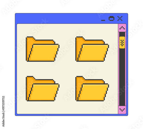Multiple folders with scroll bar pixel art popup window UI overlay. Directory browsing. File organization. Storage navigation. Blocky interface element in retro 8bit style. Bitmap-inspired UX design