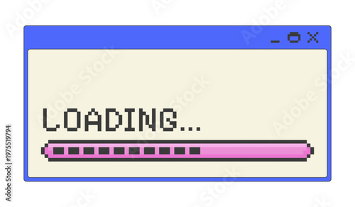 Loading bar process pixel art popup window UI overlay. System progress status. Data processing indicator. Loader panel. Blocky interface element in retro 8bit style. Bitmap-inspired UX design
