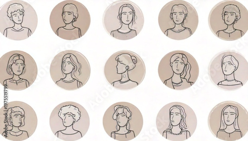 Minimalist portrait collection of diverse individuals in circular frames.