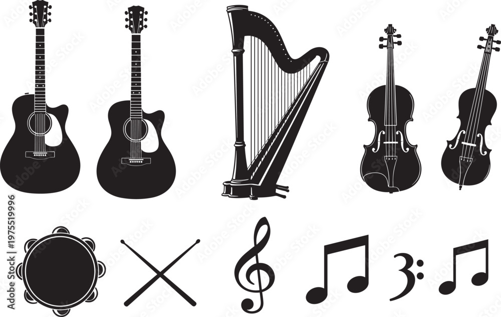 Fototapeta premium Musical instrument silhouettes, acoustic guitars, harp, violins, tambourine, 