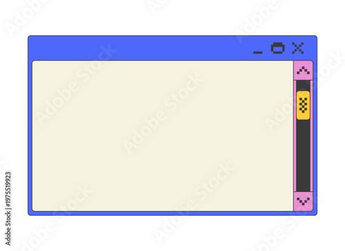 Clean dialog box with vertical scroll bar pixel art popup window UI overlay. Content navigation. Scrollbar control. Page view. Blocky interface element in retro 8bit style. Bitmap-inspired UX design