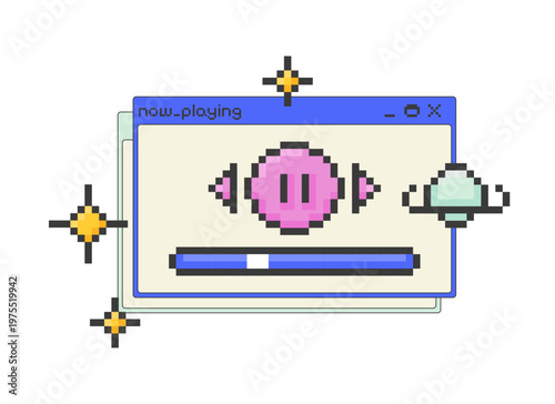 Sparkle cosmic music player pixel art popup windows UI overlay. Planet twinkle audio playback. Play and pause controls. Blocky interface element in retro 8bit style. Bitmap-inspired UX design