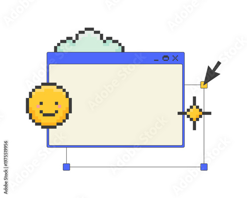 Playful customizable blank pixel art popup window UI overlay. Computer empty dialog box with adjustable nodes. Design tools. Blocky interface element in retro 8bit style. Bitmap-inspired UX design