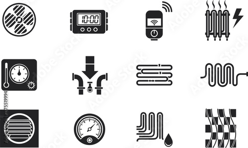 HVAC system icon set featuring underfloor heating pipes, radiator, ventilation fan, thermostat, pressure 