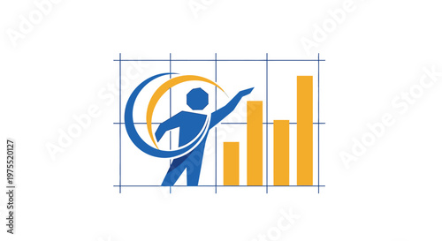 Stylized human figure with rising bar chart and grid lines.