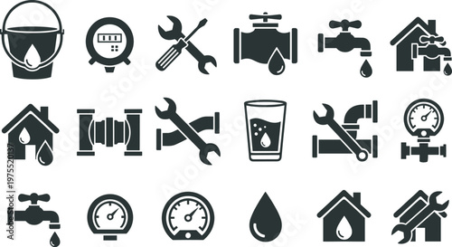 Plumbing icons, water supply system, repair tools, maintenance service, dripping faucet, pipe connectors, pressure 