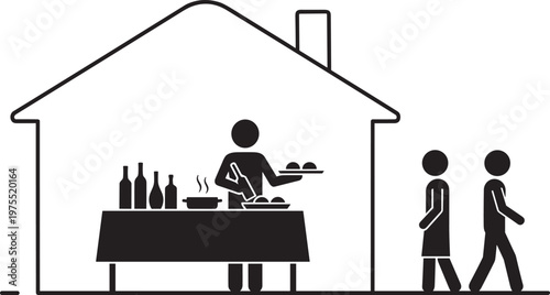 Pictogram illustration of a host serving food and wine inside a house, guests arriving for dinner, flat vector 