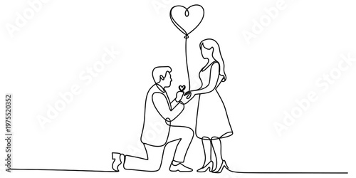 Continuous line drawing of a man kneeling to propose marriage to his partner with a heart balloon Vector, illustration
