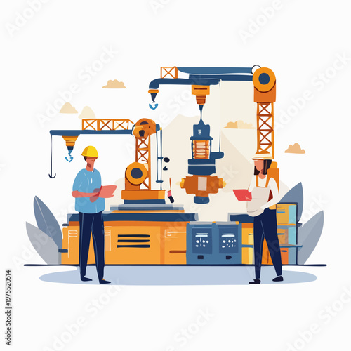 Modern industrial factory with robotic arms and engineers overseeing production.