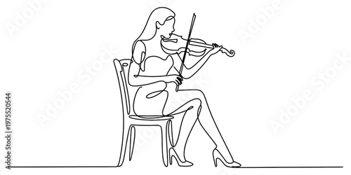 A single continuous line drawing of a graceful woman sitting on a chair and playing the violin Vector, illustration
