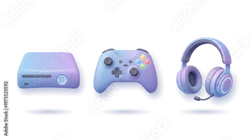 Pastel 3D Gaming Gear Icons: Console, Controller, and Headset Set on White Background