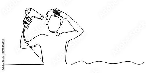 A single continuous line drawing of a person using a hair dryer to style their hair elegantly. Vector, illustration