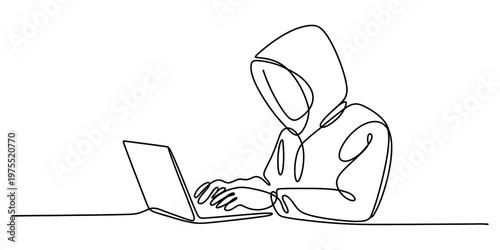 A single continuous line drawing of a mysterious hooded hacker working on a laptop computer screen Vector, illustration
