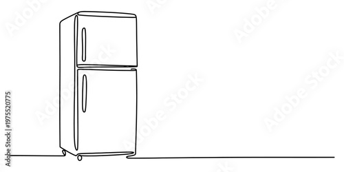Minimalist continuous line drawing of a standard household refrigerator standing on a flat base Vector, illustration