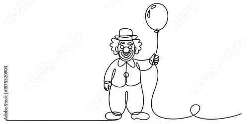 A single continuous line drawing of a happy clown holding a round balloon on a plain background Vector, illustration