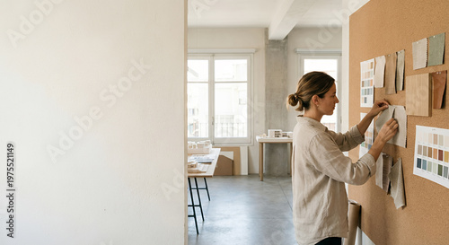 A woman is pinning fabric samples to a corkboard in an office.