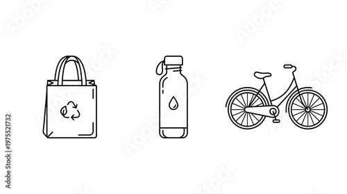 Wallpaper Mural Sustainable living line icons: reusable tote bag, water bottle, and bicycle set for eco-friendly lifestyle Torontodigital.ca