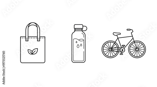 Wallpaper Mural Eco-friendly lifestyle icons: reusable bag, water bottle, and bicycle line art for sustainable living Torontodigital.ca
