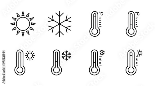 Wallpaper Mural Temperature & Weather Icons: Sun, Snowflake, Thermometer Line Art Set Torontodigital.ca