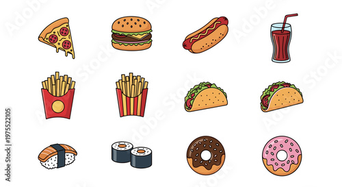 Collection of popular fast food and snack icons in a simple cartoon style