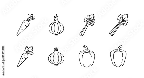 Collection of simple line art icons featuring fresh vegetables like carrots, onions, celery, and bell peppers