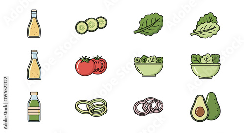 Collection of fresh salad ingredients and dressings in a clean, modern icon style