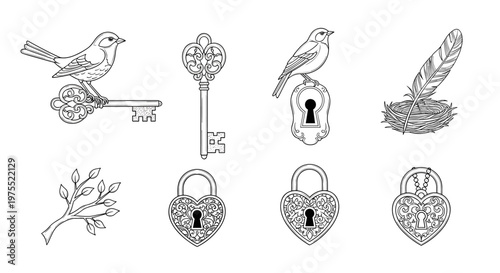Collection of vintage ornamental elements including birds, keys, locks, and nature motifs