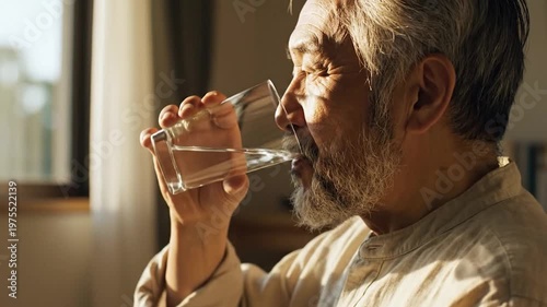 A peaceful elderly man with a white beard drinks a glass of fresh water in the warm morning sunlight