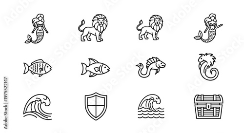 Collection of marine and mythical creature icons with treasure chest and waves