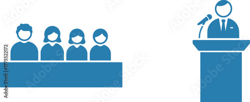Business speaker at podium icon with audience silhouettes conference seminar corporate presentation leadership communication flat vector illustration