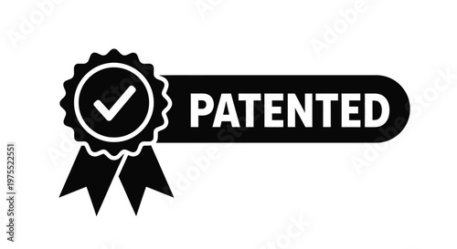 Black and white patented badge with a checkmark and ribbon design