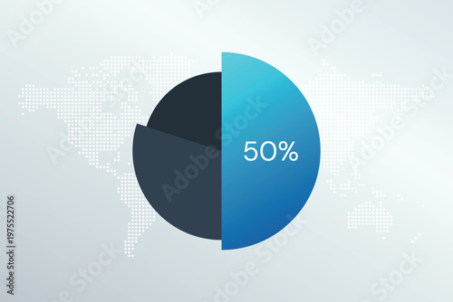 50 percent chart symbol. Vector blue gradient infographic sign. Dotted World Map background. Illustration for business, finance, report, market share, web design, presentation