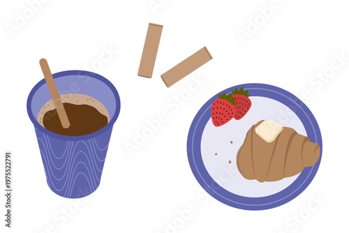 Bitten croissant with butter and crumbs Strawberries on plate and paper coffee cup, torn stick sugar. Croissant Day Isolated Vector illustration Greeting Thematic Card Food poster design elements Set 