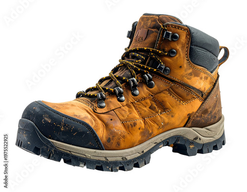 Rugged, worn, brown leather hiking boot with muddy accents