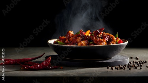 Spicy chicken stir fry bowl glows with vibrant color on textured stone a warm inviting food photograph