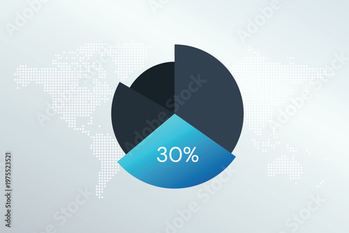 30 percent chart symbol. Vector blue gradient infographic sign. Dotted World Map background. Illustration for business, finance, report, market share, web design, presentation