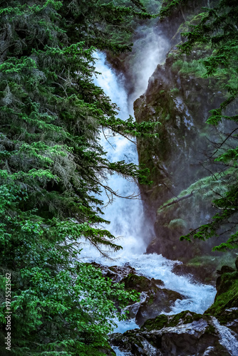 Powerful waterfall cascading through lush Alaskan fjord forest surrounded by rugged wilderness