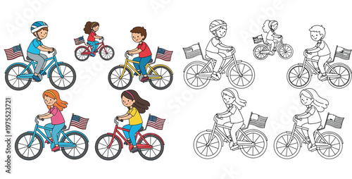 Happy Kids Riding Bicycles with American Flags - Color and Line Art Versions for Patriotic Holidays, 4th of July, and Coloring Activities