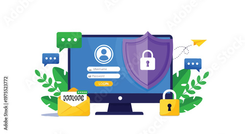 Vector graphic illustration of a computer with a login screen and security shield surrounded by padlocks and chat bubbles symbolizing online safety and protection.
