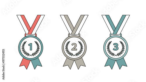 Set of three numbered achievement medals with ribbons for first second and third place winners in competition.