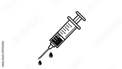 Medical syringe illustration in black and white line art with droplets representing vaccination or blood sample.
