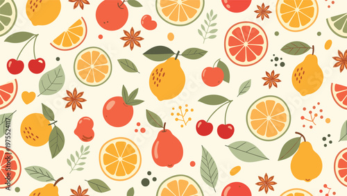 Seamless pattern with stylized citrus fruits including oranges lemons grapefruit and cherries for kitchen decor.