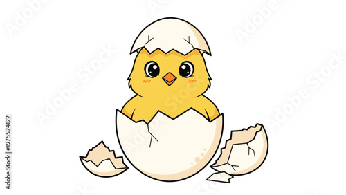Adorable yellow cartoon chick hatching from a white eggshell with pink cheeks and big eyes on white background.