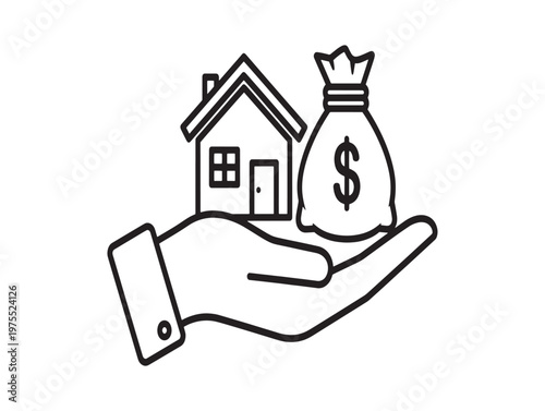 Hand holding house and money bag sketch representing real estate investment and financial security